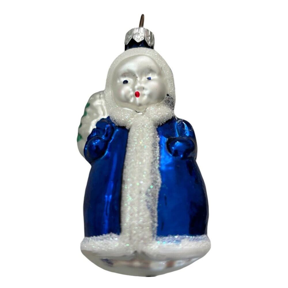 Snow Girl Mercury Glass Christmas Ornament Blue Made in Poland Vintage